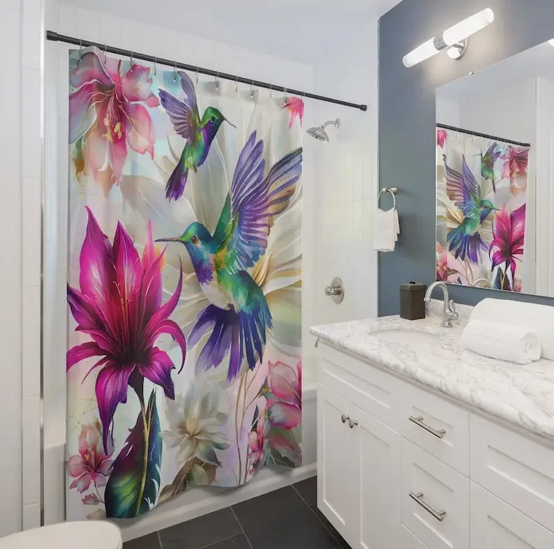 

Vibrant Hummingbirds and Exotic Flowers Shower Curtain for Tropical Inspired Bathroom Decor Waterproof Fabric Includes Hooks