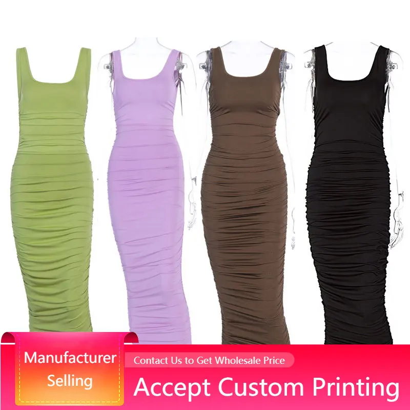 

Summer Party Dress Ladies Ruched Solid Sexy Wrap Dresses Square Neck Sleeveless Sexy Backless Low-cut Pleated Casual Dress