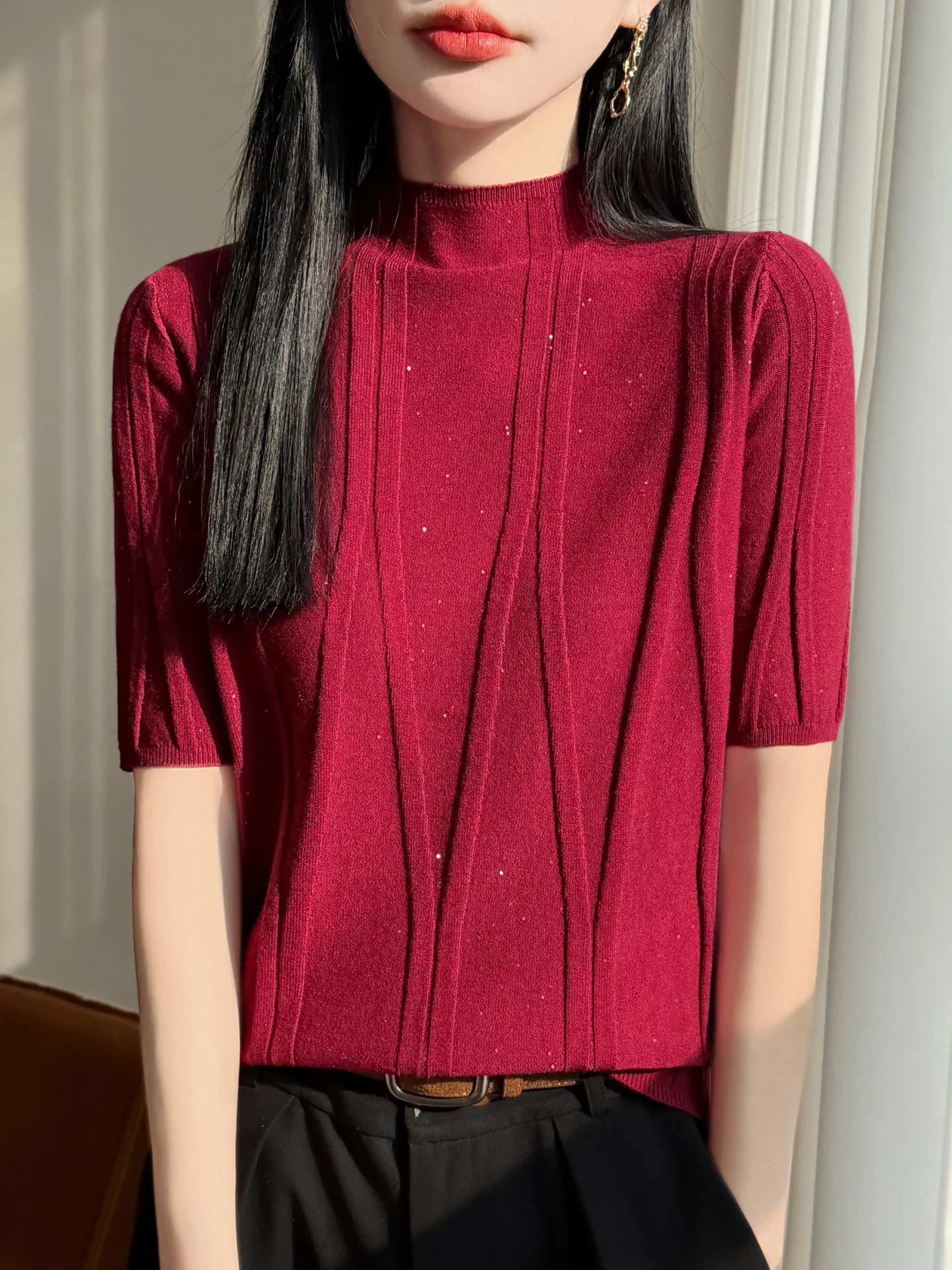 

Spring/Summer Women's Half-High Neck Knitwear T-Shirt Fashion Jumper Casual Tops Korean Style Elegant Solid-Coloured Clothing