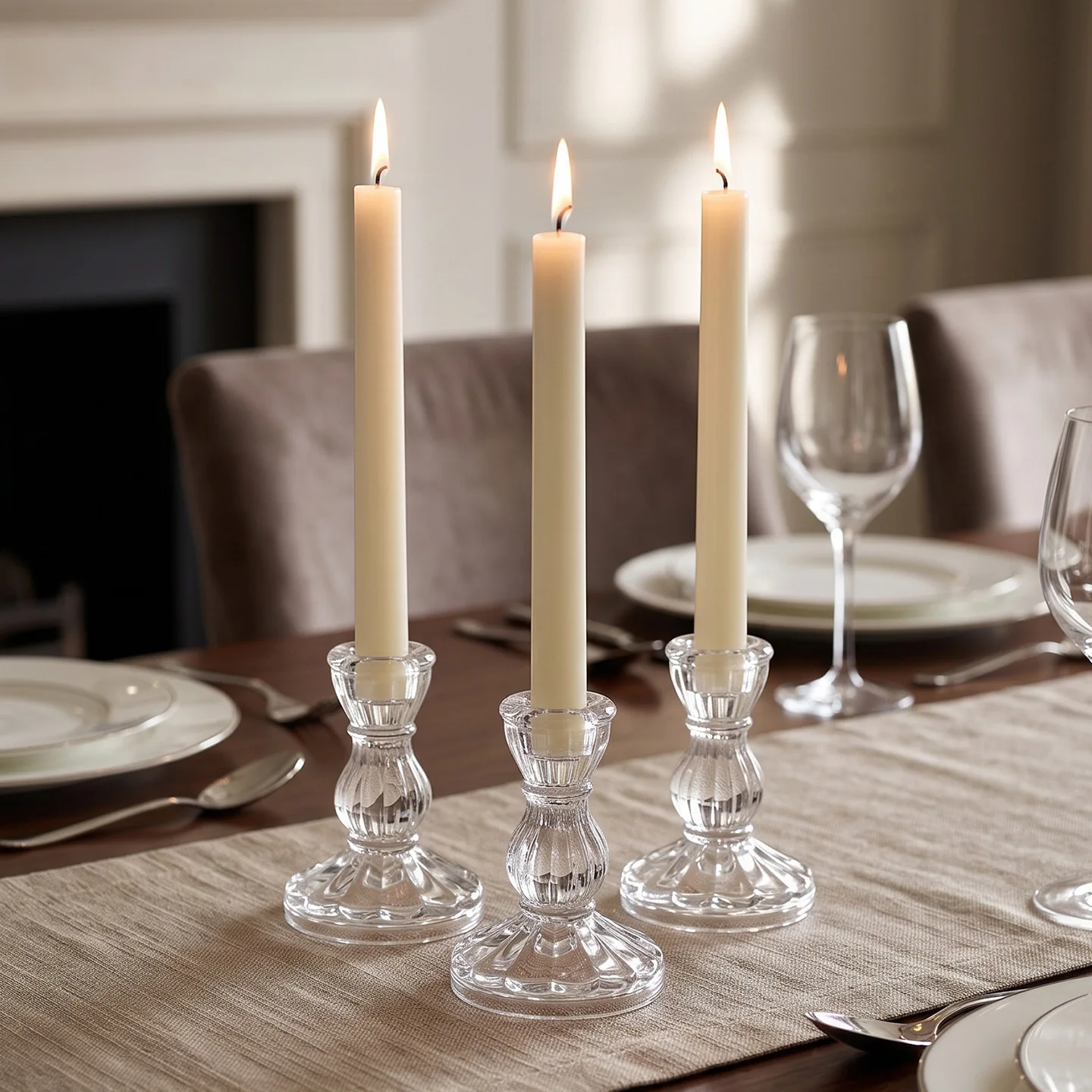 Vintage Ribbed Glass Taper Candle Holders Clear Crystal Candlestick Holder Home Dining Table Decor Wedding Party Christmas Decor