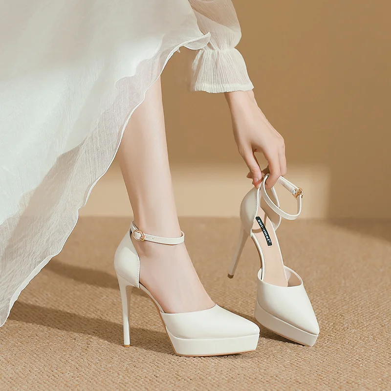 

Sexy Patent Leather Hollow High Heel Sandals Buckle Strap 12cm Pointed Toe Thin Heel Platform High Heels Elegant Lady Party Shoe