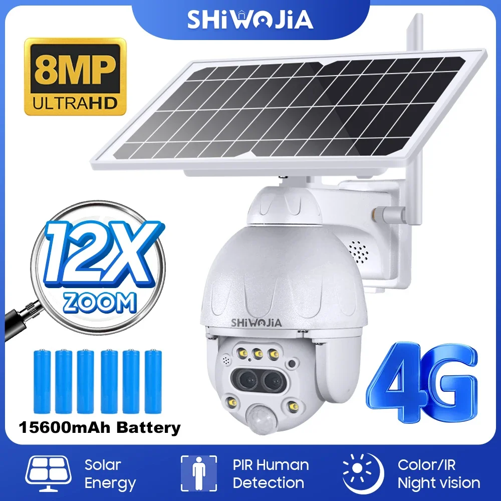 SHIWOJIA 4K 8MP Solar Camera PTZ 12X Zoom 4G SIM /WIFI Security Outdoor Camera Humanoid Tracking Color Night Vision Metal Camera