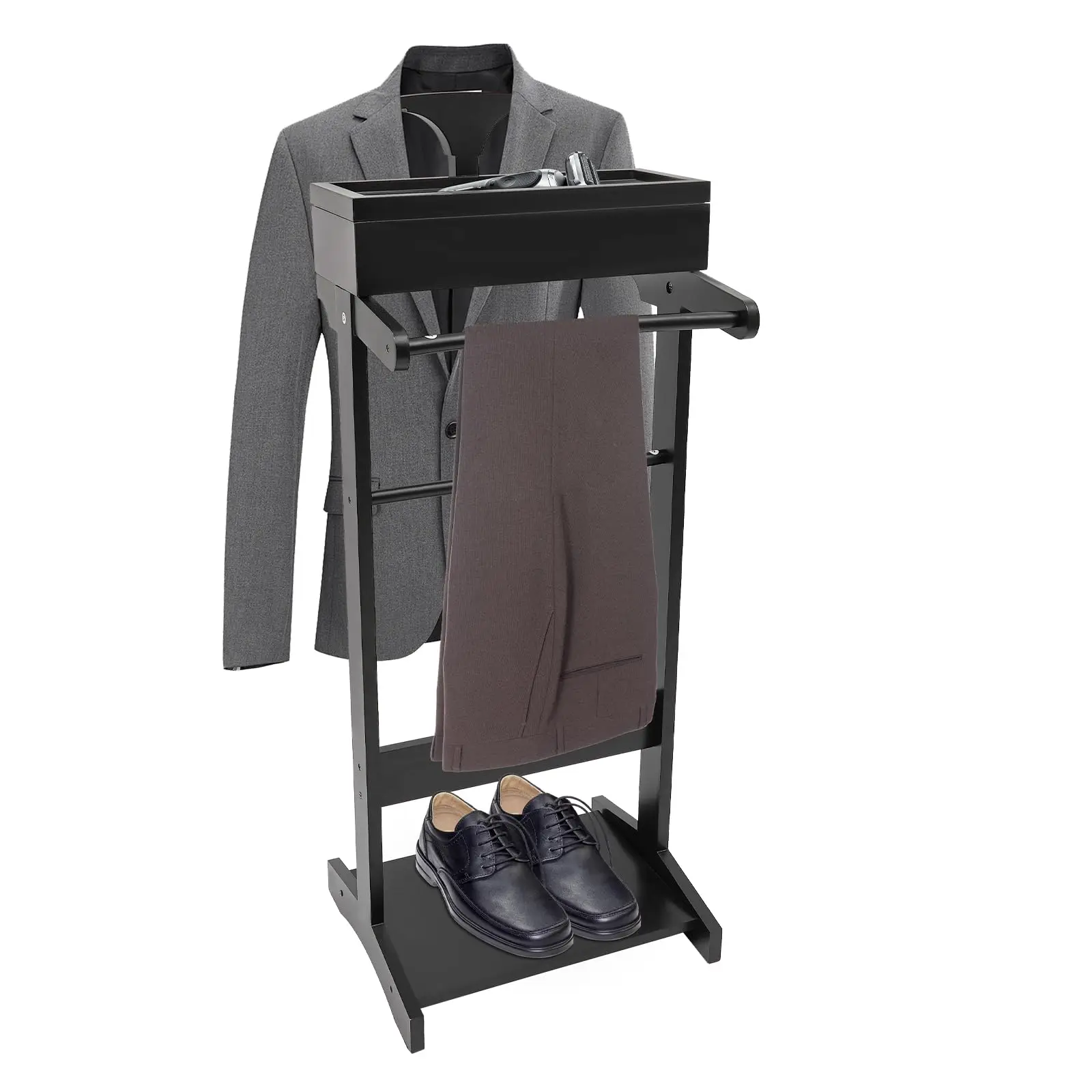 

Clothes Stand, Clothes Stand with Top Tray, 295Lbs Load-Bearing Capacity, Freestanding Clothes Valet Stand Floor Standing Clothes