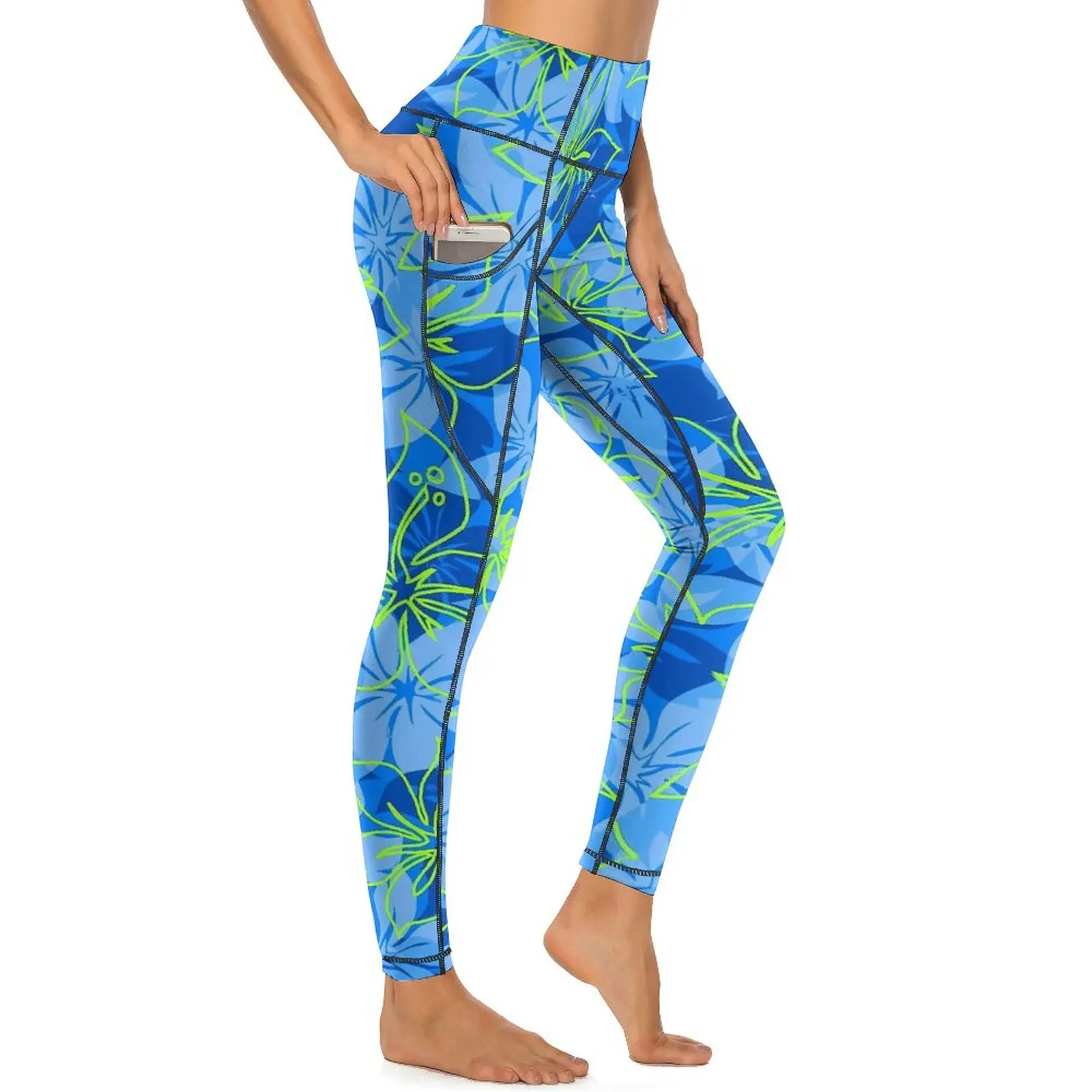 Blue Fower Print Yoga Pants With Pockets Hibiscus Hawaiian Leggings Sexy Push Up Retro Yoga Sports Tights Stretchy Gym Leggins