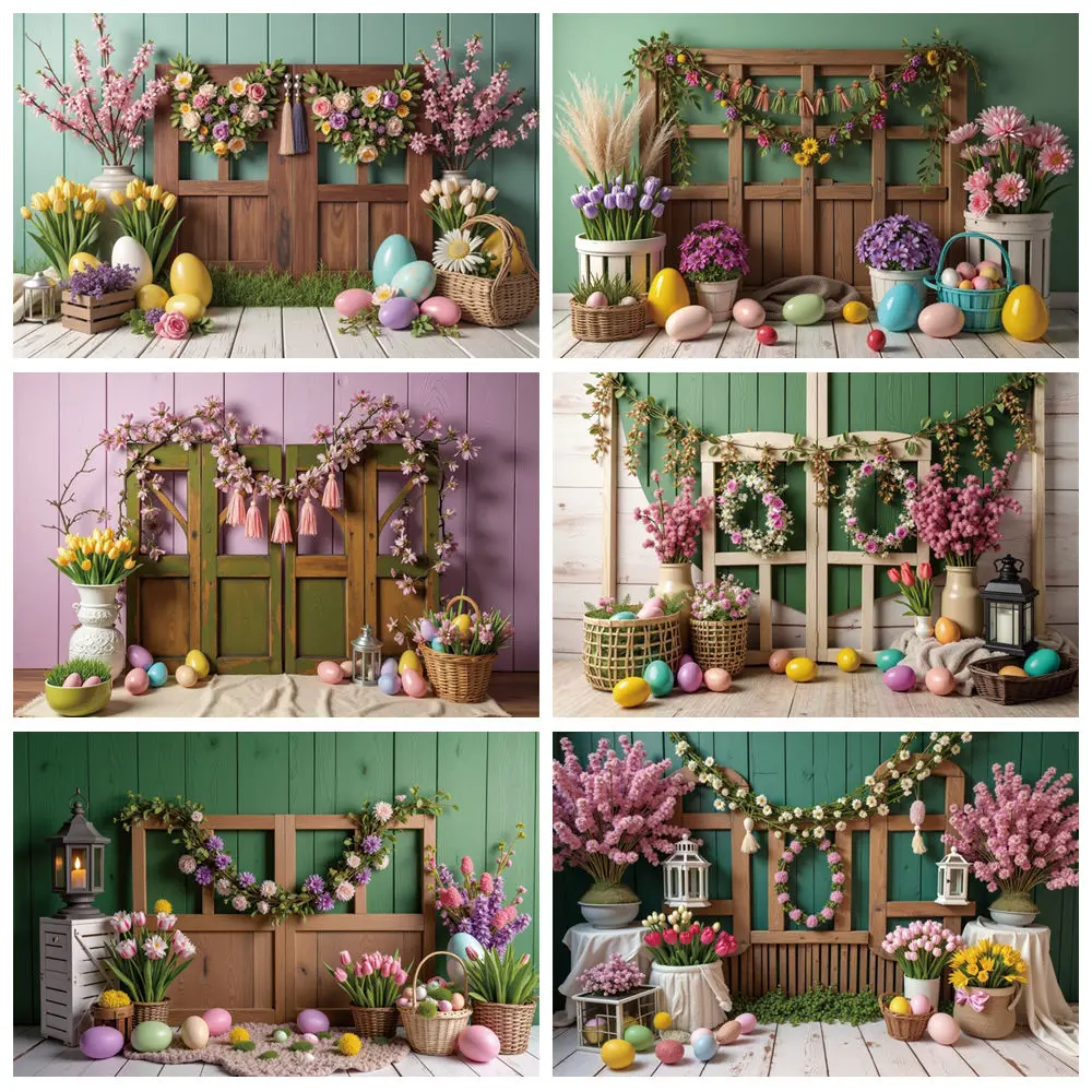 MOON.QG Spring Easter Eggs Background Photography Wooden Door Flowers Garden Photozone Backdrop Children Studio Photocall Props