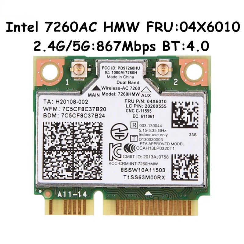 Dual Band Wireless  Intel 7260 7260acrd 867M For Lenovo IBM Thinkpad 04X6090 04X6010 7260HMW 802.11ac Mini PCI-E Wifi BT4.0 Ca