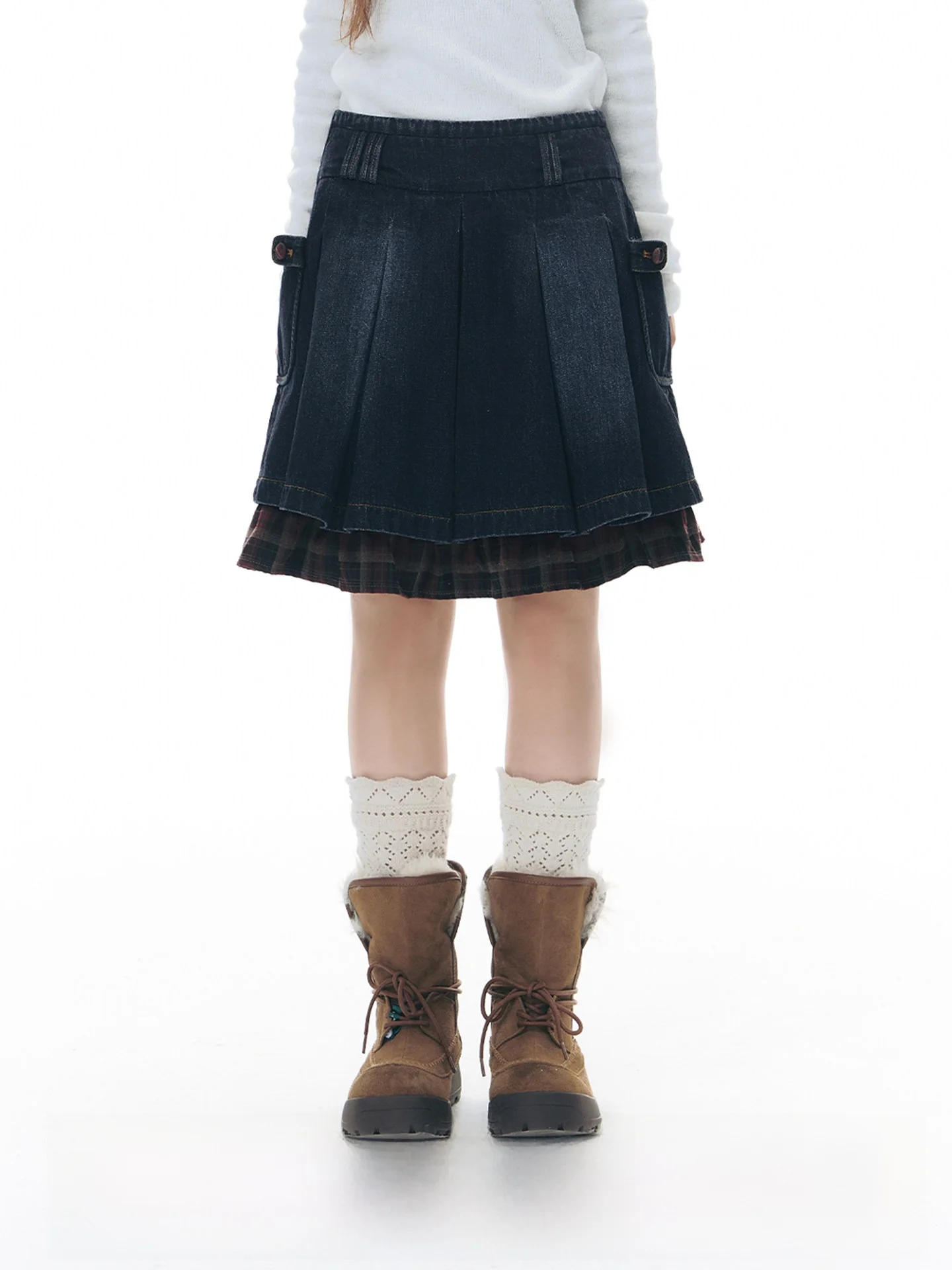NAPSNAPS Original Patchwork Red Grid Denim Skirt Women's Spring New Wide Waist Design Half Skirt Pleated Skirt Cotton Casual