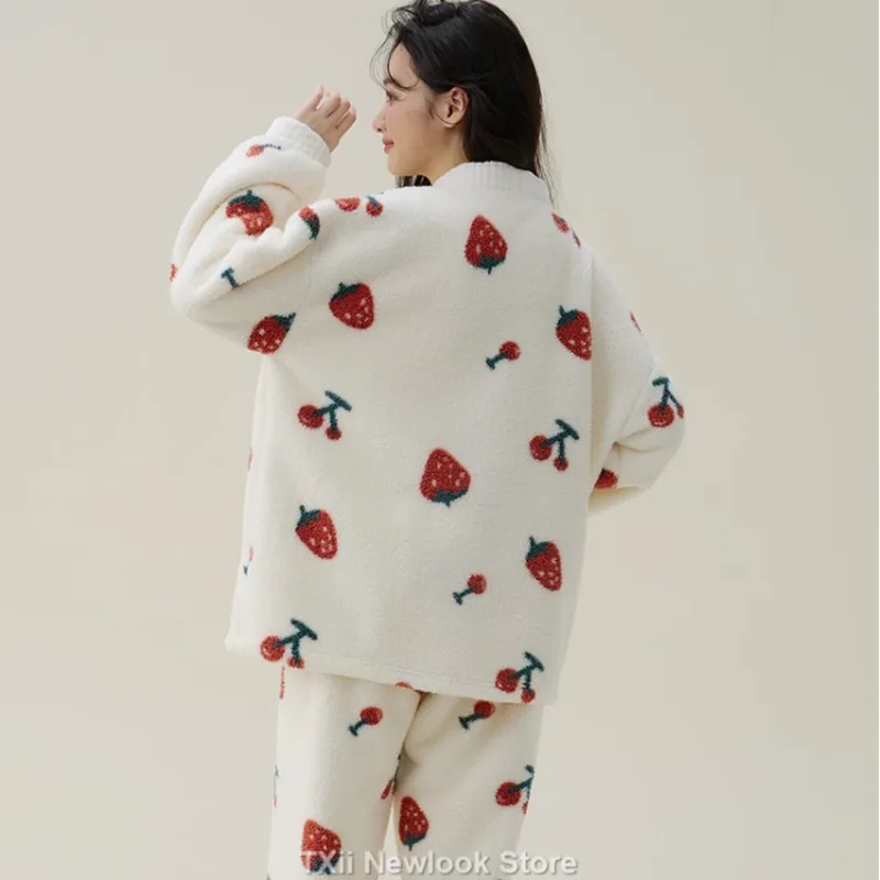 Otoño Invierno pijamas coral fleece warm fleece mujeres cardigan grueso traje de casa ropa linda pijamas