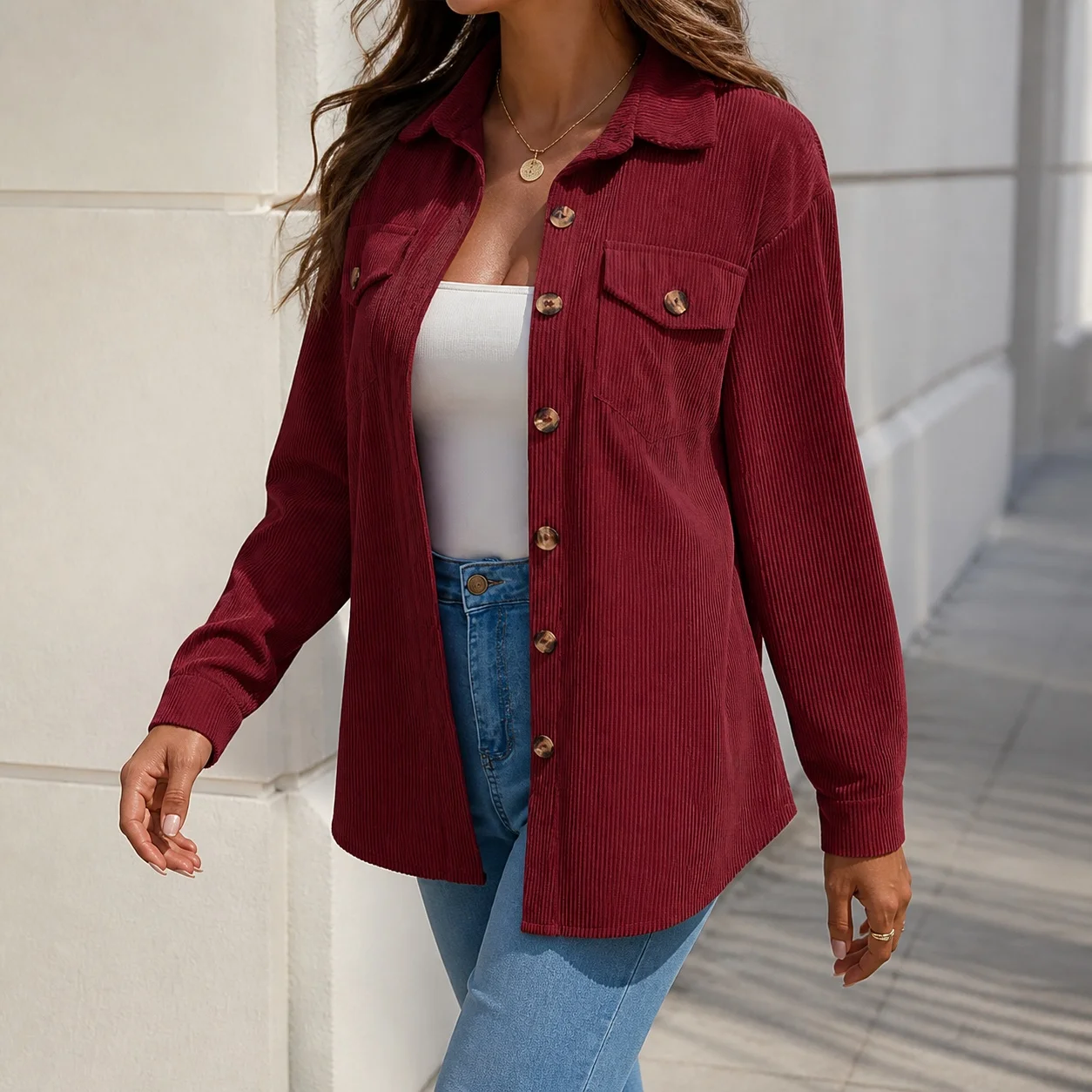 Pocket Long Sleeve Mid Length Coat with Japanese Korean Casual Single Lapel Collar Mid Long Length Shirt Sleeve Women Coat