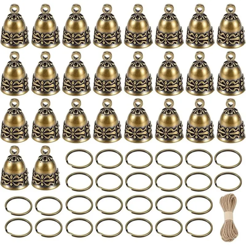 AWAH Vintage Brass Bells 26Pcs, Small For Crafts Hanging Bell Handmade Copper With Key Rings And Jute Twine