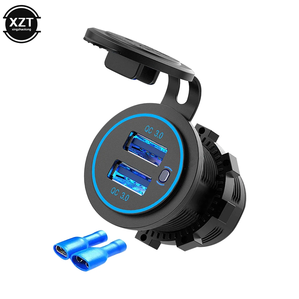 Car Charger QC3.0 Dual USB Cigarette Lighter Socket Waterproof With Voltmeter Switch Quick Charge Adapter 12/24V Car Accessories