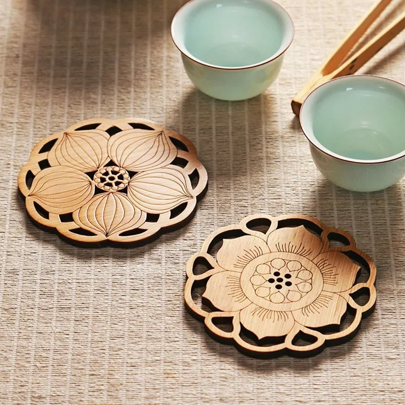 Buddisum Coasters Mat Wooden Bamboo Lotus Root Shape Round Cup Table Tea Coffee Placemat Home Decoration Kitchen Accessories