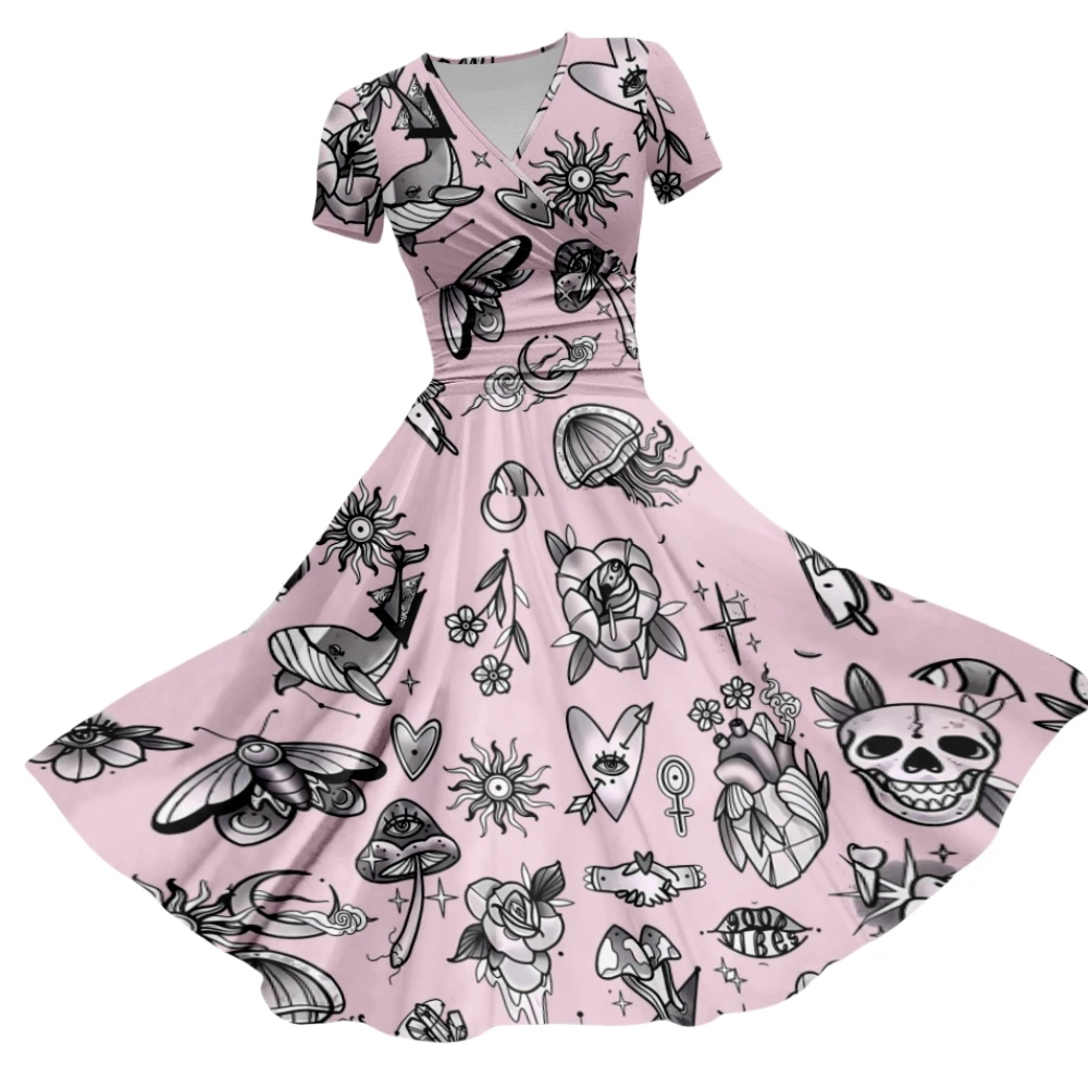 Vestido de manga corta con cuello en V para mujer, estampado de insectos, Calavera, Halloween, diario, informal