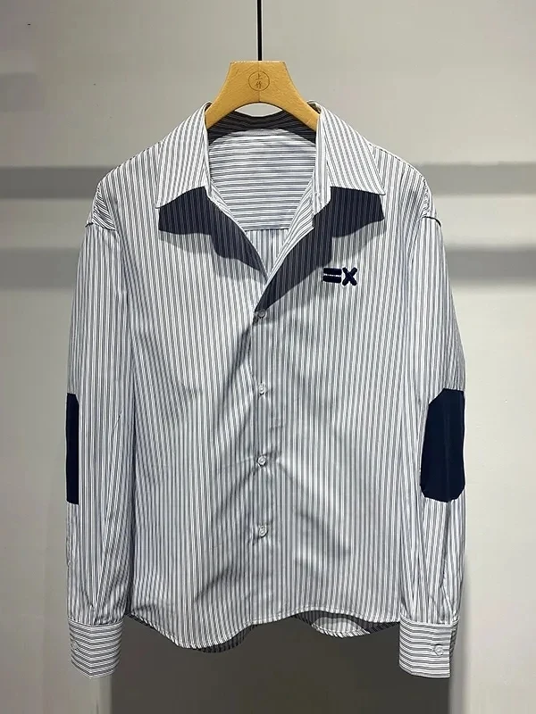 

Blue Striped Men's Casual Shirt Korean Style 2025 Autumn Season Breathable Long Sleeve Layering Top with Embroidery Design