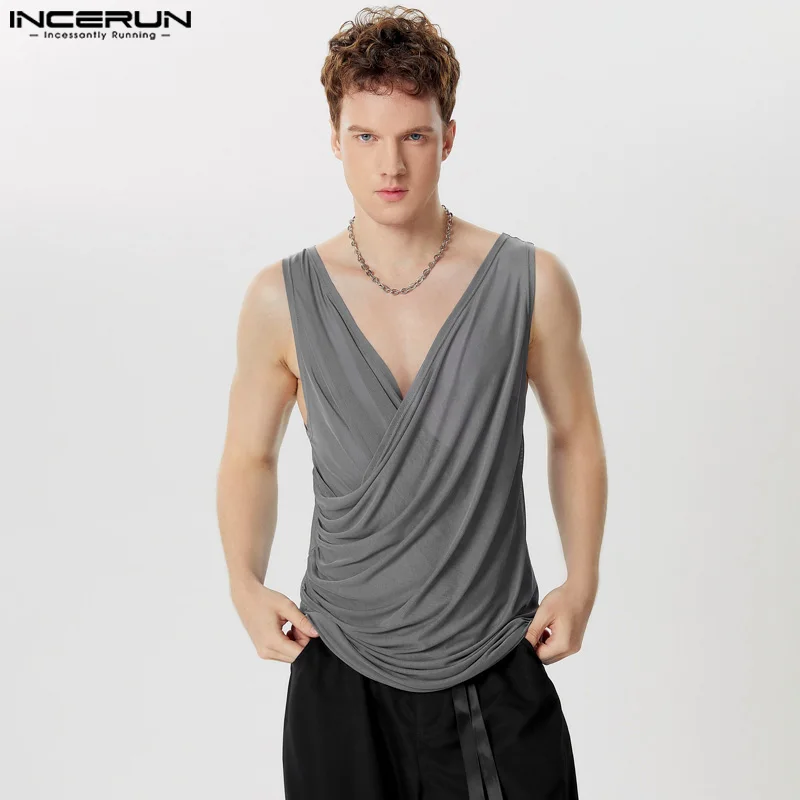 INCERUN top 2024 stile americano Sexy maglia da uomo croce collo basso gilet trasparenti moda solido sottile senza maniche canotte S-5XL