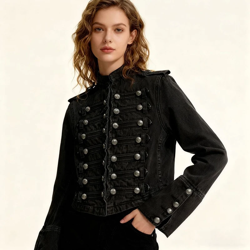 معاطف كلاسيكية من قماش الدنيم مناسبة للنساء لربيع وخريف سترة قصيرة مرقعة بأزرار وأكمام طويلة ملابس خروج هاراجوكو كلاسيكية