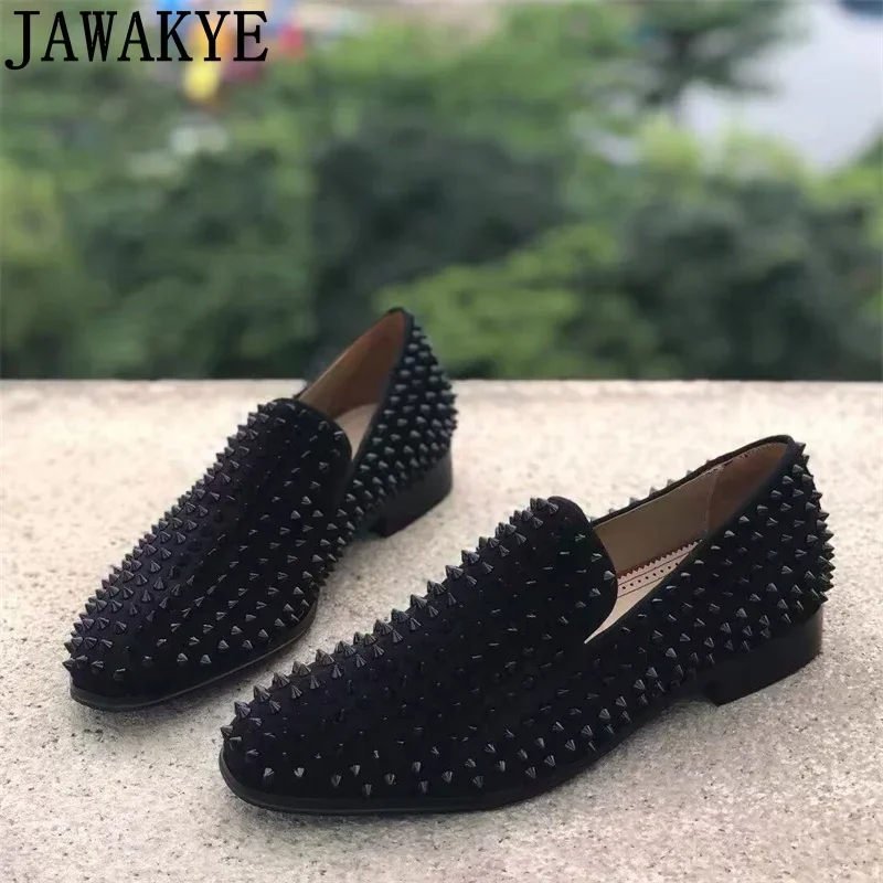 Jakakye-zapatos planos clásicos con remaches brillantes para hombre, mocasines sin cordones de punta redonda, coloridos, moda semanal