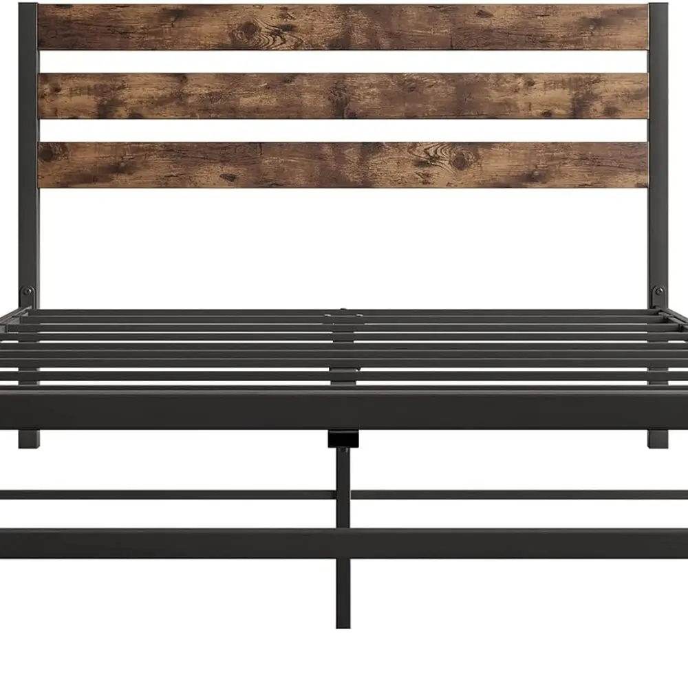 Testiera e pediera in legno marrone rustico di dimensioni doppie, struttura letto in metallo resistente con supporto a doghe, facile montaggio, adatta per A