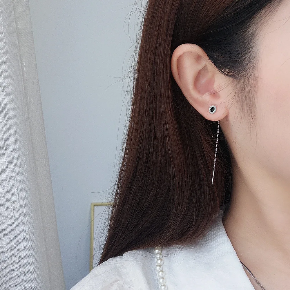 S925 Sterling Silver Roman Numerals Long Tassel Earrings for Women with Korean Style, Elegant and Simple Stud Earrings Jewelry