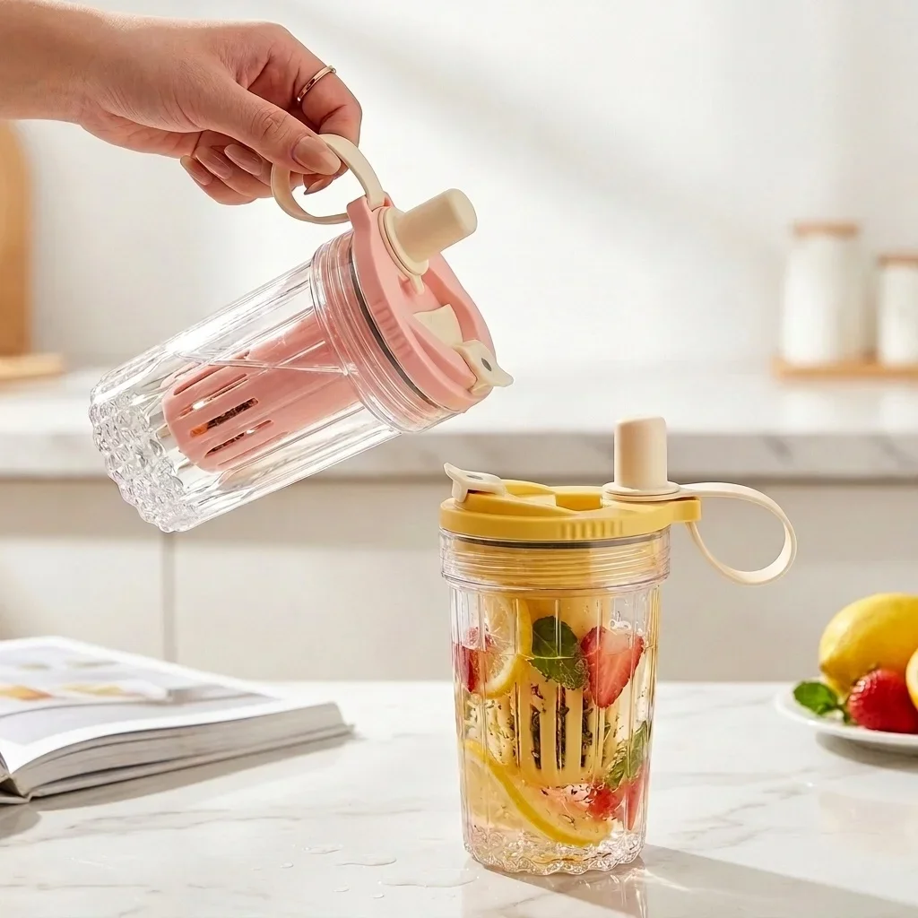 400ML Plastic Straw Water Cup With Strainer Portable Tumbler Heat-resistant Sealed Milk Coffee Mug For Kids Students Drinkware