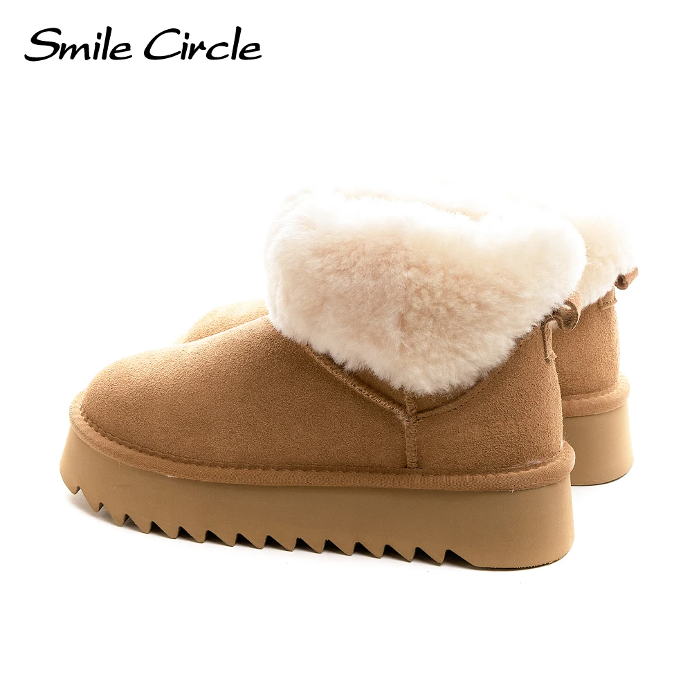 

Smile Circle Snow Boots Women Suede Leather Wool Thick Casual Boots Winter Warming Platform Boots