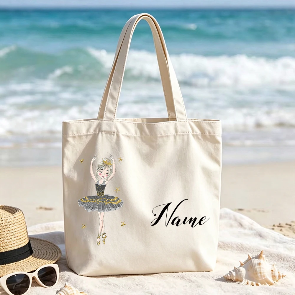 Personalized Ballet Dancers Canvas Tote Bags Custom Name Cute Ballerina Grocery Shopping Bag Reusable for Girls Kids Teens Gifts