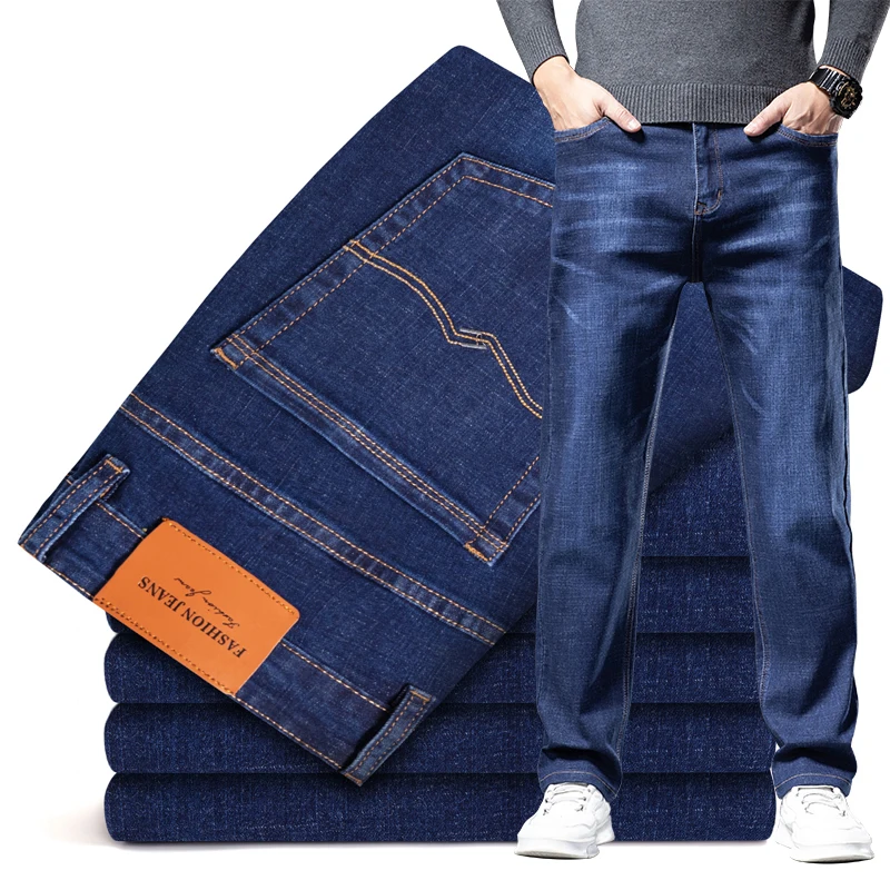 

Plus Size 40 42 44 Autumn Loose Thick Blue Jeans Men Business Casual Cotton Advanced Stretch Denim Pants Male Brand Clothing