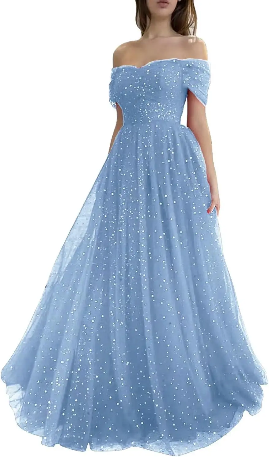 

Women's Sparkly Starry Tulle Prom Dresses Off Shoulder Long Formal Evening Gowns 2026 Formal Dress Women Elegant Dress Party