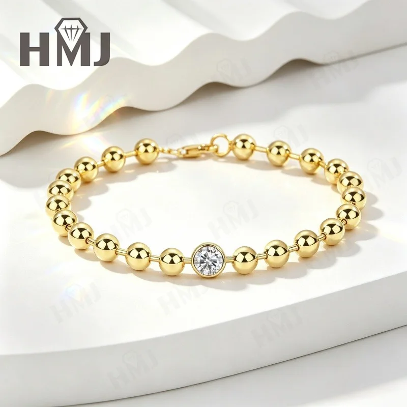 925 Sterling Silber Armband Goldfarben Perlenkette Moissanit 21cm Elegantes Hochzeits- und Partygeschenk Stilvoll für Damen Feiner Schmuck – Detail 7