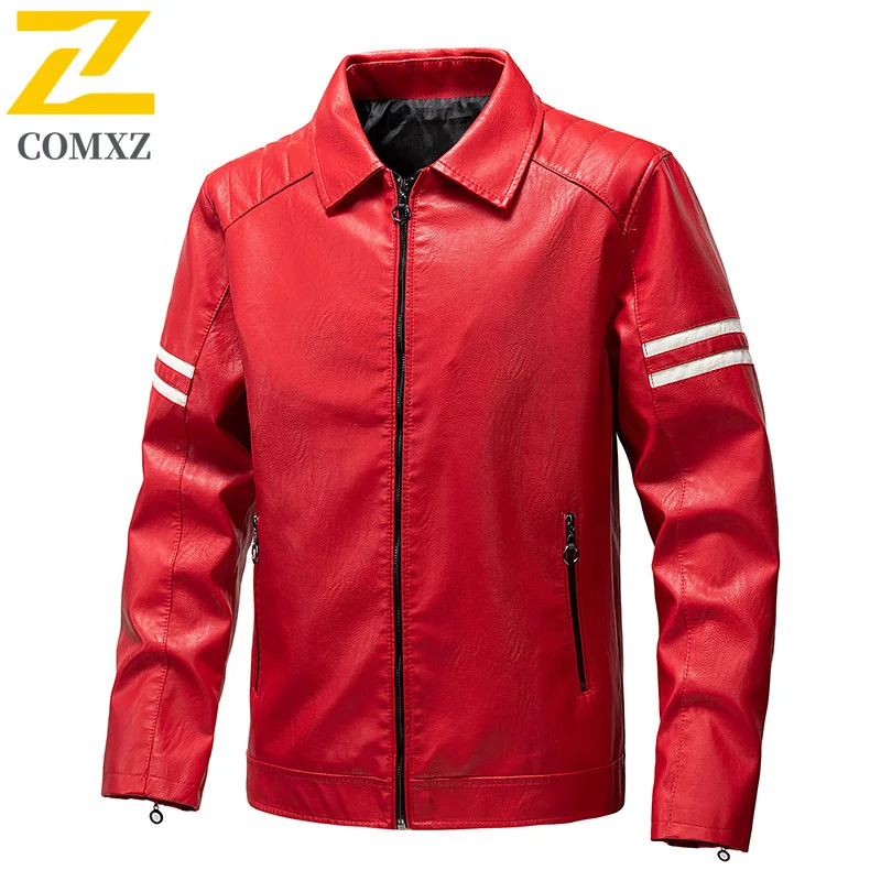 COMXZ Premium Leather Jacket Mens Classic Stand Collar Hiking Windproof Leather Coat Outdoor Sports Durable Autumn Outerwear​