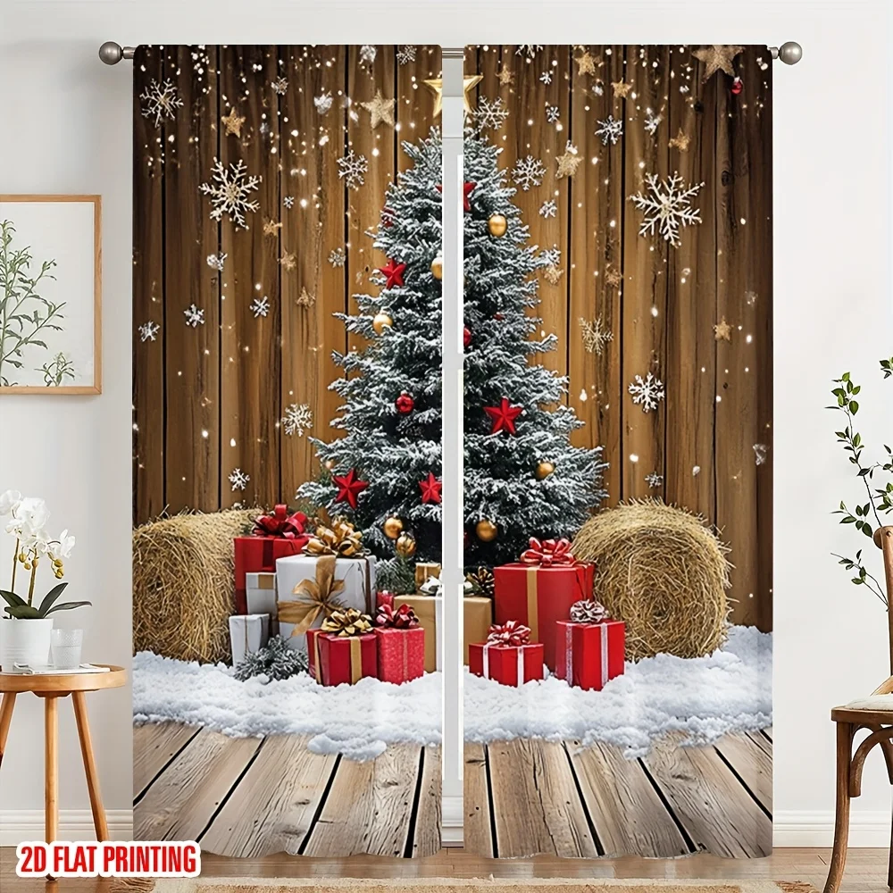 Christmas Tree Curtains, Snowflake Gift Box Scene Window Drapes, Xmas Holiday Decor, Blackout Fabric for Living Room Bedroom