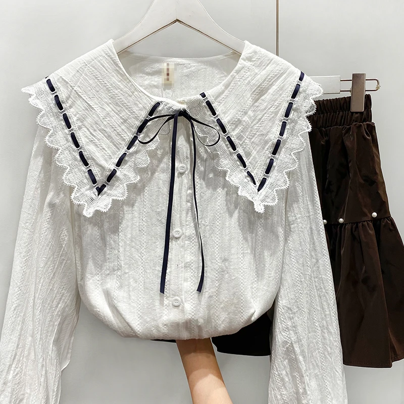 

Vintage Blusas Mujer De Moda 2024 Peter Pan Collar Lace Patchwork Bandage Bowknot Blouses Single-breasted Women Clothing Shirts