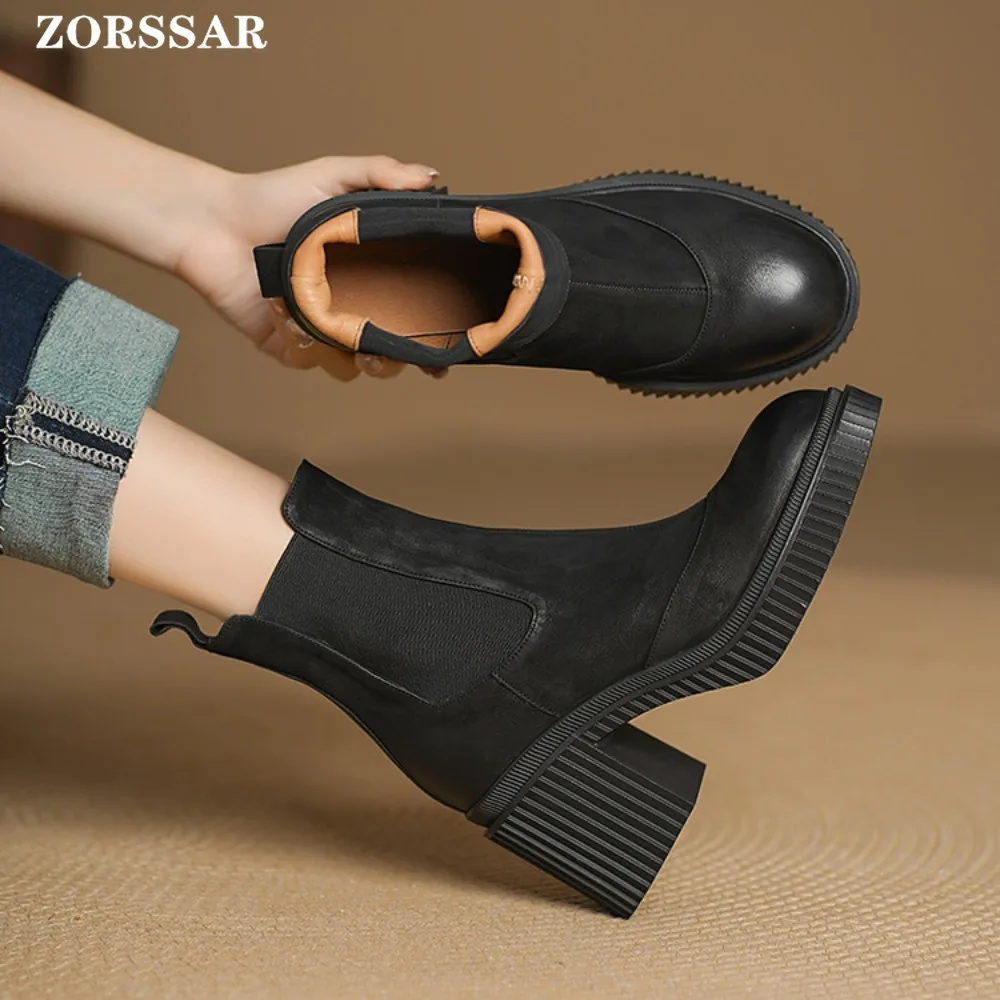2025 Winter Square Heel Ankle Boot Fashion Round Toe Zipper Ladies Casual Chelsea Boots Shoes Suede Leather Platform Short Boot - view 4