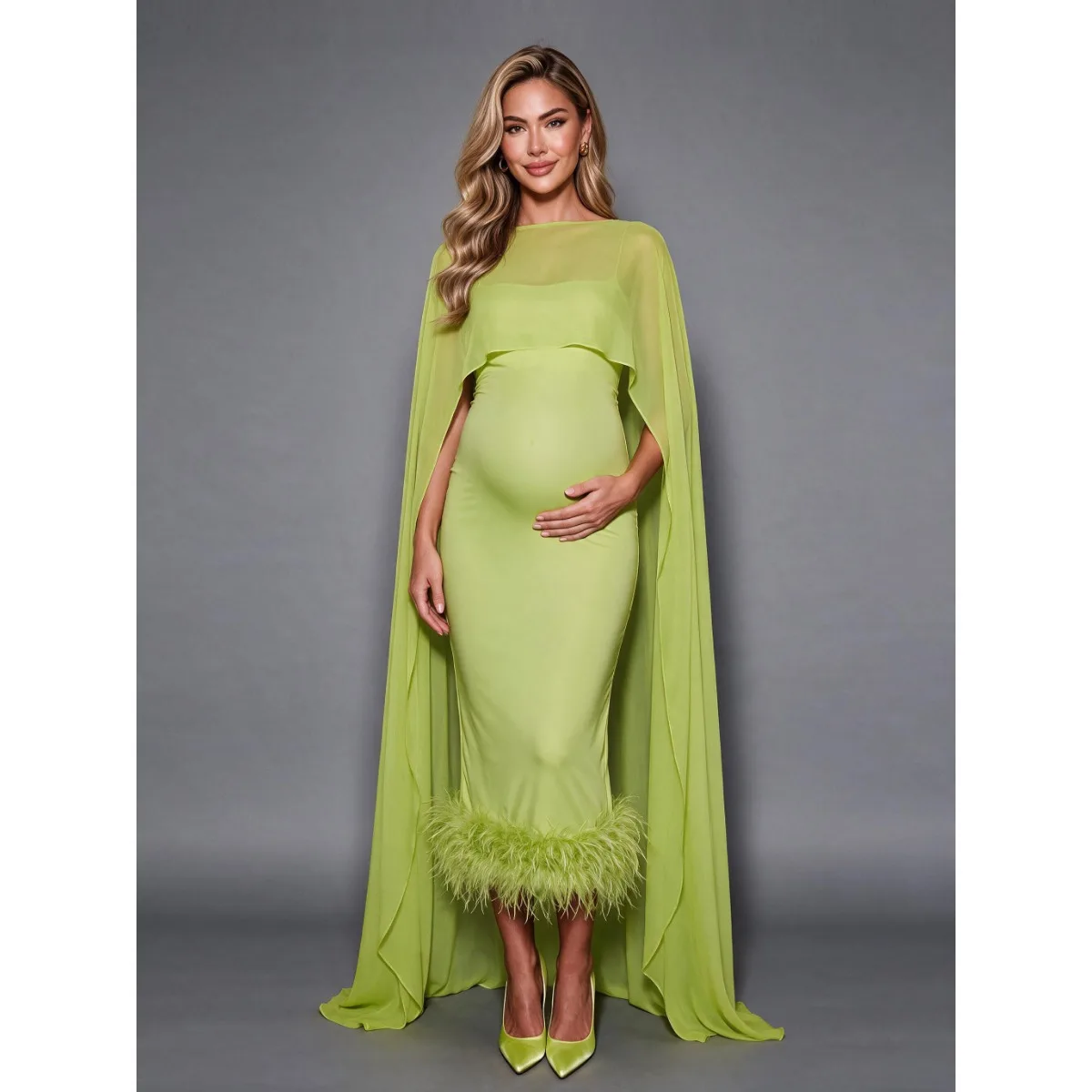 Green Ostrich Feather Hem Maternity Baby Shower Dress with Flowing Cape Pregnancy Dress Photo Shoot YD260835