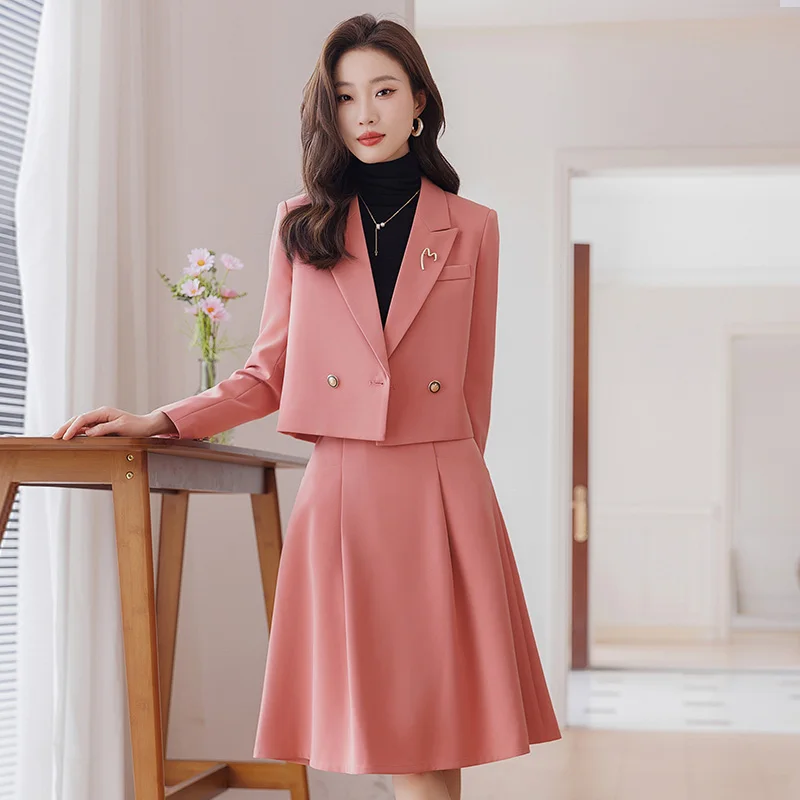 

Woman's Autumn Vintage Casual Short Blazer Suit Jacket A-line Skirt Commuter Solid Color Loose Two-piece Sets