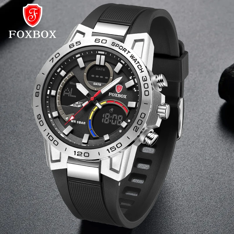 

FOXBOX Brand Men Watch Dual Display Sports Watches 50M Waterproof LED Digital Quartz Watch Military Wristwatch Relogio Masculino