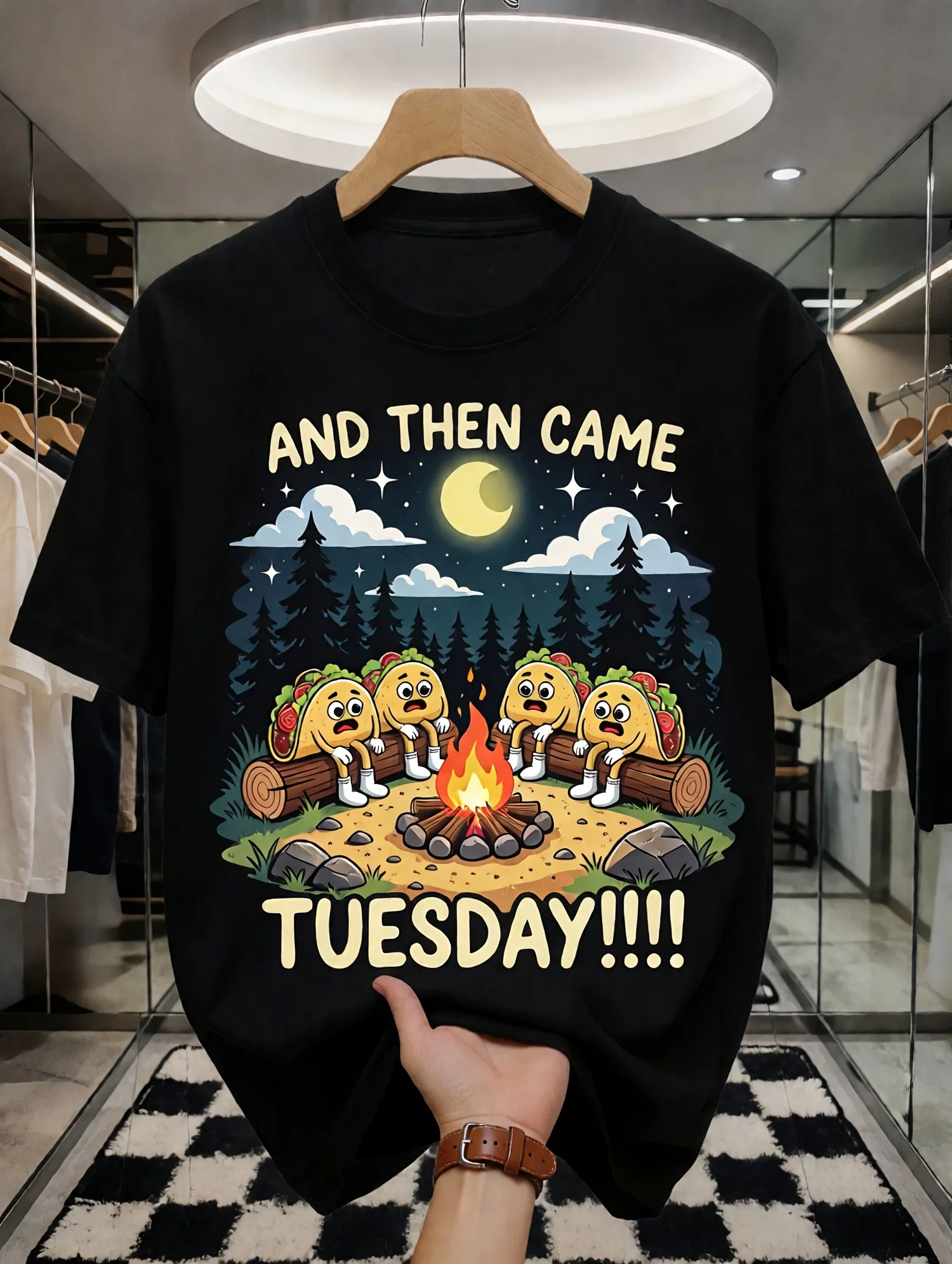 Men'S Funny Sad Cartoon Tacos Campfire Graphic Crew Neck T-Shirt And Then Came Tuesday Black Casual