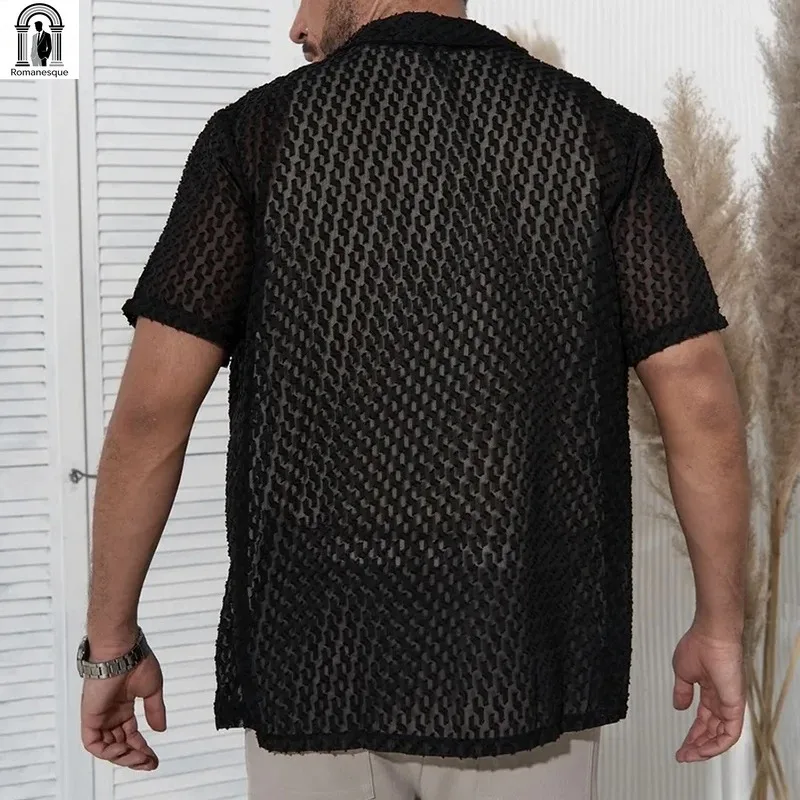 Summer Men's Knit Cardigan Daily Leisure Loose Mesh Short Sleeve Shirts Stylish Solid Color Breathable Hollow Out Shirt