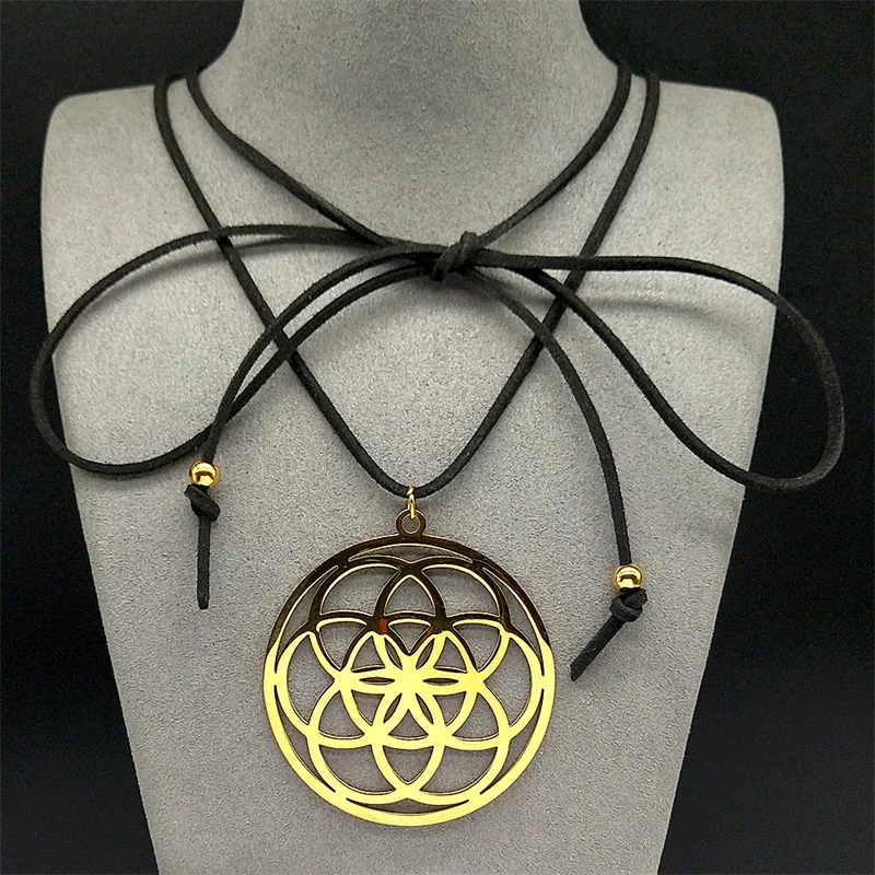 Yoga Flower of Life Stainless Steel Mandala Necklace for Women Men Sacred Geometry Seed of Life Long Chain Talisman Jewelry