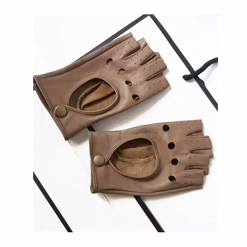 Women's Natural Sheepskin Leather Hollow Out Semi-finger Glove Female Party Dancing Driving Glove 1875