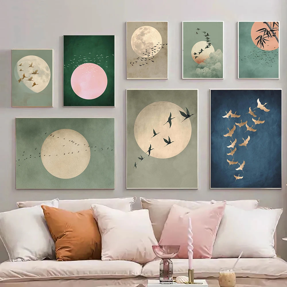 Japandi Moon Mint Green Flying Birds Abstract Posters Sun Bamboo Landscape Prints Canvas Painting Wall Picture Home Room Decor