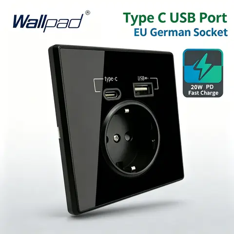 Enchufe de Pared con Panel de Cristal Acrílico y Espejo, 20W PD, Interfaz Tipo-C y USB, Color Negro, para UE, Rusia, España, Francia