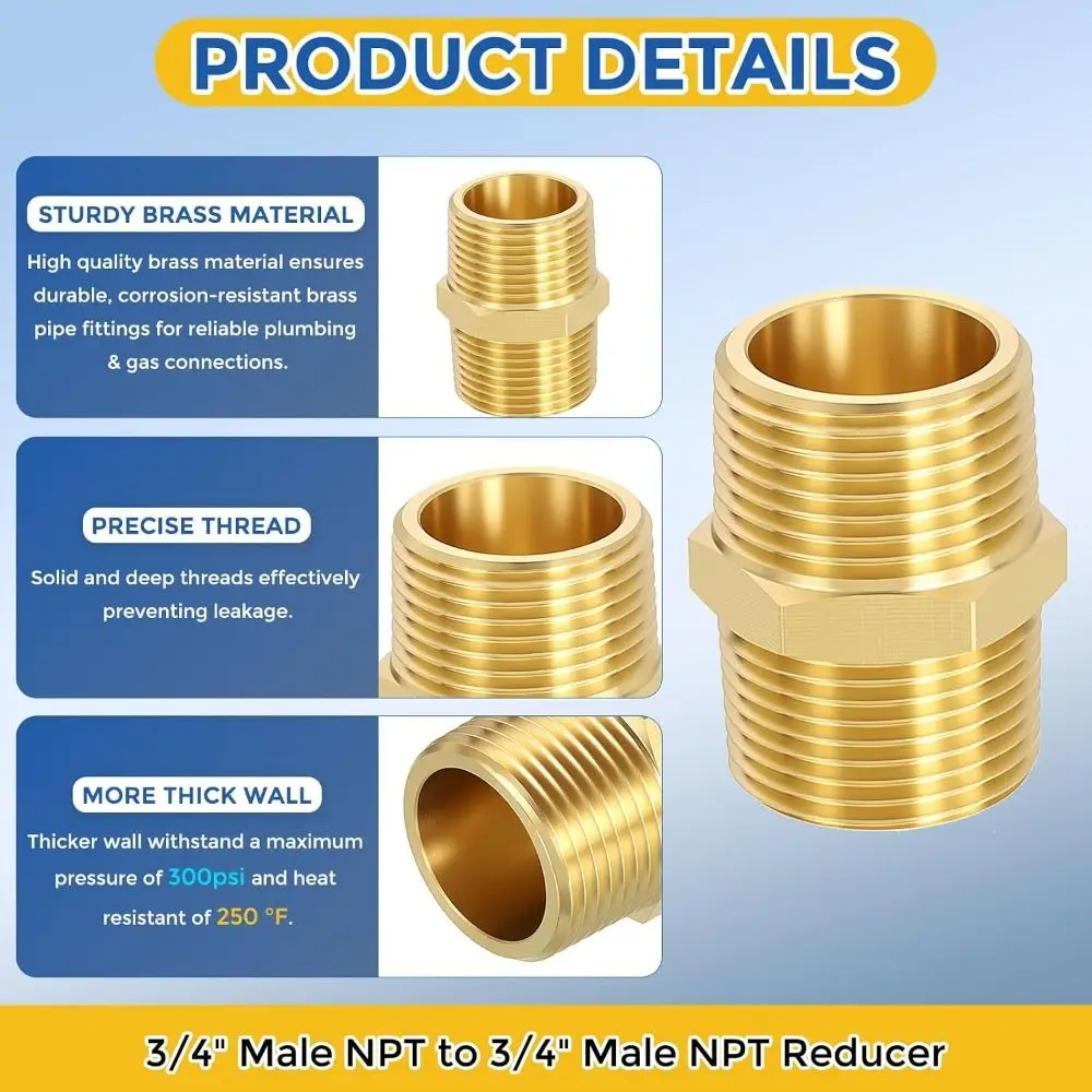 Durable Brass Brass Nipple NPT Male Thread Hex Pipe Fitting 1/8'' 1/4'' 3/8'' 1/2'' 3/4'' 1'' Coupling Fitting