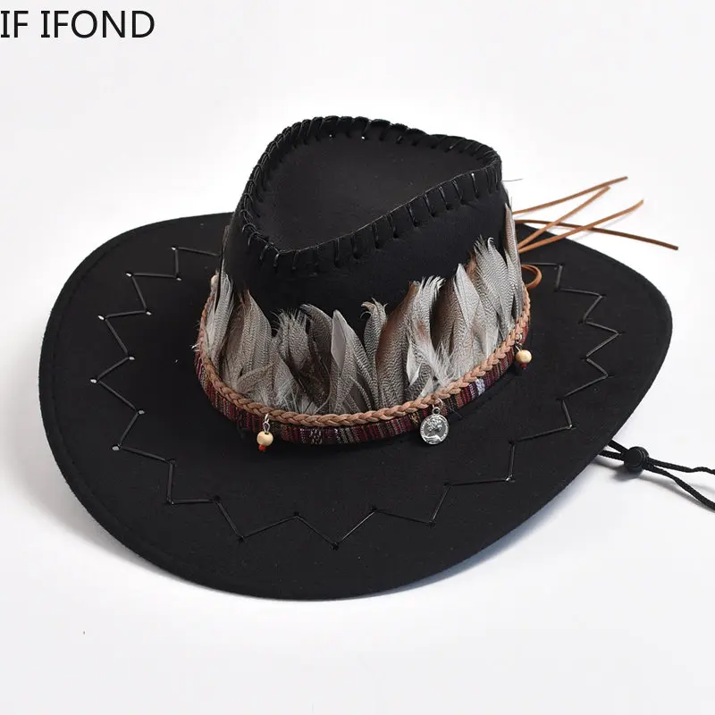 

Retro Feather Western Cowboy Hats for Men Women Faux Suede Wide Brim Cowgirls Jazz Cap Outdoor Travel Sun Hat