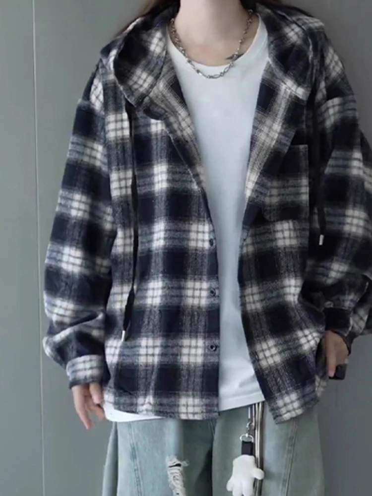 

Мужской осенний свободный повседневный топ в клетку American Sle с капюшоном, высококачественный удобный длинный све irt для пар