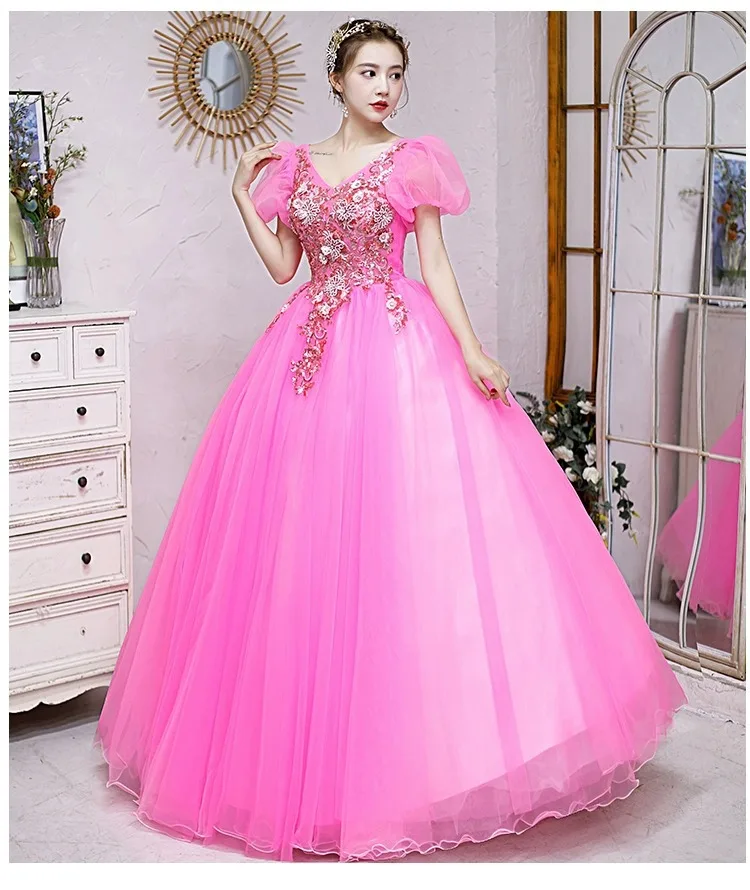 Lantejoulas Apliques Vestidos Quinceanera, Puff mangas curtas, Prom Party Gown, Vestes até o chão, rosa quente, 15