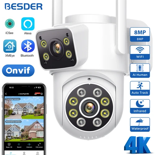 BESDER 4K 8MP PTZ cámara IP Wifi exterior lente Dual pantallas AI seguimiento automático 4MP protección de seguridad vigilancia CCTV iCSee