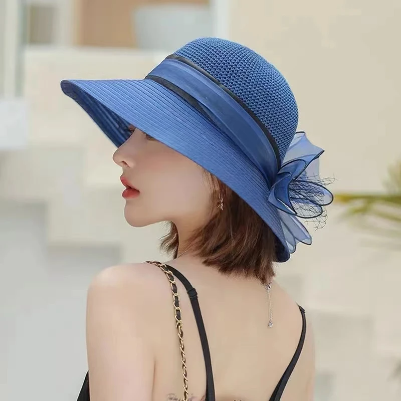 Bucket hat 2024 summer new Organza flower breathable basin hat Sun Protection sunscreen Hat For Women Beach Hat Flanging cap