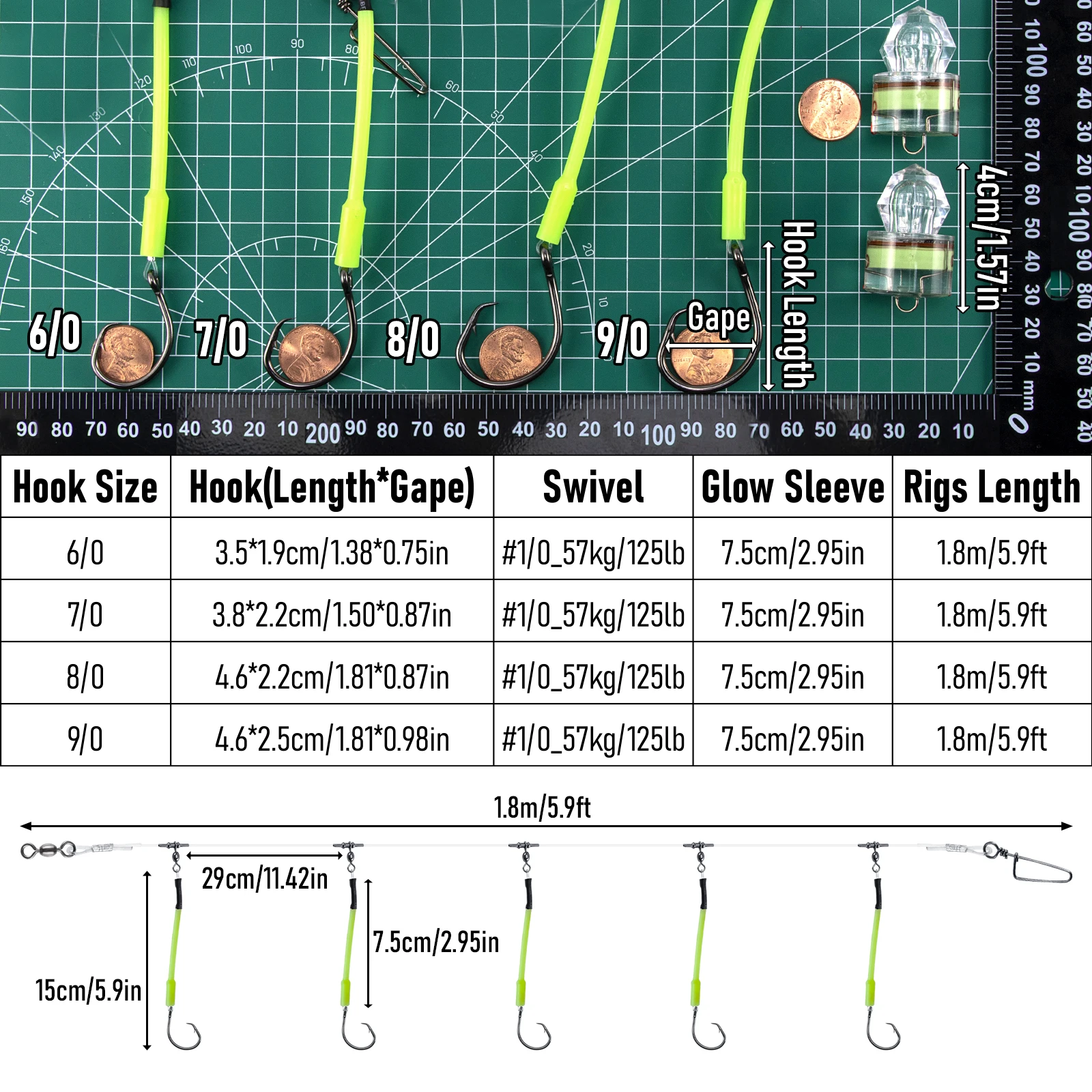 Deep Drop Snapper Rig Bottom Fishing Rig, 5 Circle Hooks with Glow Sleeves Leader Rigging for Halibut Grouper Snapper Saltwater