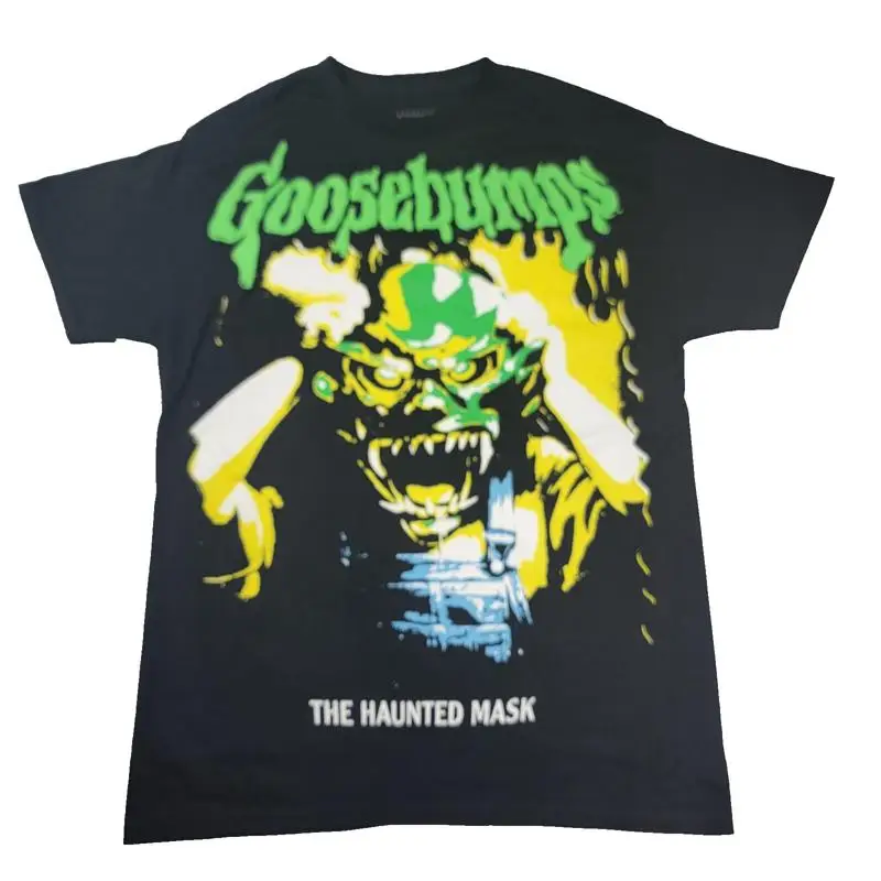 Camisa de piel de gallina para hombre, camiseta negra mediana con máscara embrujada, camiseta gráfica de terror brillante 1029